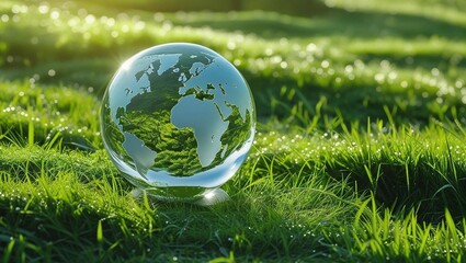 Clear glass globe resting on fresh green grass in morning sunlight, symbolizing environmental responsibility and global care  
