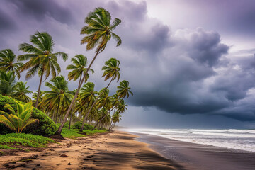 tropical beach with palm trees in storm