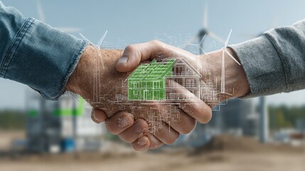 Green Handshake on Construction Blueprint