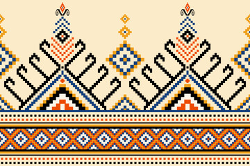 Seamless pixel art ethnic pattern with triangular motifs, curls, and diamond shapes in blue, orange, and black. Inspired by tribal embroidery and traditional woven textiles, for fabric, background.