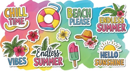 Colorful summer themed sticker collection perfect for vacation projects and sunny mood designs