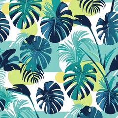 Tropical Leafy Canopy: A vibrant and artistic illustration showcasing lush tropical foliage, a symphony of green and blue hues, designed to bring a touch of the tropics indoors.