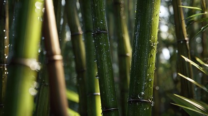 Obraz premium Lush bamboo forests with tall green leaves and moist trunks showcase intricate textures and foliage details for creative projects.