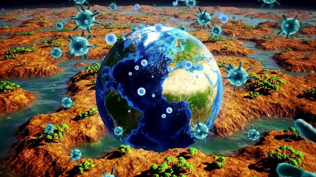 Digital microorganism illustration encircling earth global health issue visual aid