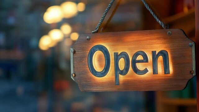 A wooden sign displaying Open hangs prominently, illuminated by warm lights in a cozy setting, inviting customers inside