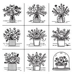 A versatile set of nine vector line art illustrations featuring floral bouquets. Modern flower arrangements in pots and vases for design projects.