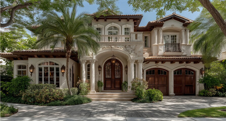 Mediterranean Style Villa With Arched Windows Wooden Doors And Lush Green Landscaping In Florida