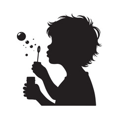 Silhouetted Child Blowing Bubbles A Classic Graphic Icon of Childhood Wonder and Playful Innocence, Rendered in Striking Black and White Minimalist Vector Style.