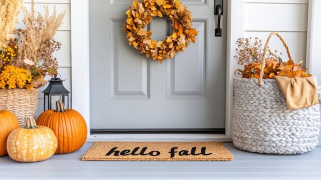 Neutral farmhouse front door with symmetrical fall decor and warm lighting