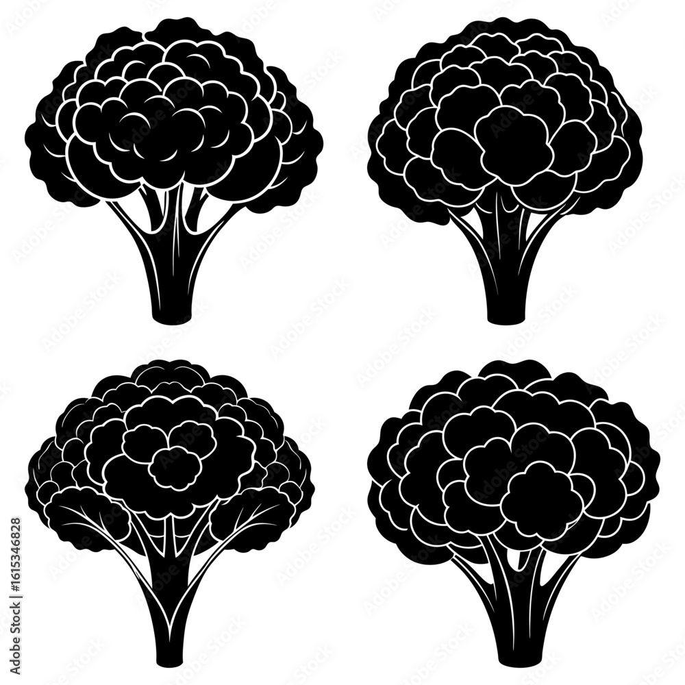 Poster four black and white broccoli florets with stems arranged in a square pattern on a white background