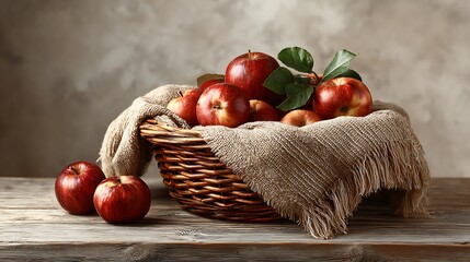 Top view of rustic wooden table with wicker basket full of fresh apples on beige fabric background, perfect for organic food, autumn harvest and healthy diet themes.