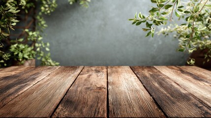 Wooden table with plants and a neutral wall, a backdrop for product display or natural scenes