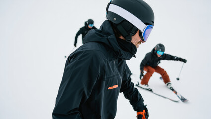 Naklejka premium Man in a black jacket with orange trim is skiing