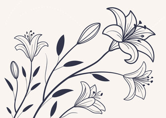 Elegant dark blue lily flower line art on light background