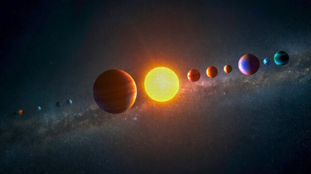 In a breathtaking cosmic expanse, colorful planets gracefully align in orbit around a radiant central sun, illuminating the vast galactic background and showcasing the beauty of celestial bodies