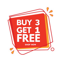 White text displays buy three get one free on an orange shape