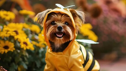 Cute small dog pet in yellow bee costume with wings and antennae sitting near yellow flowers in garden happy expression outdoors autumn scene - Powered by Adobe