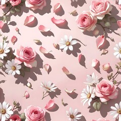 Floral Elegance: Roses and daisies create a seamless pattern, evoking a sense of tranquility and springtime bloom, perfect for designs.