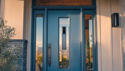Modern Entryway with Blue Door and Smart Home Technology, Capturing the Essence of Home Security.