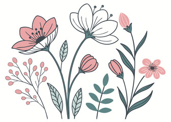 Delicate hand drawn floral elements in pastel colors