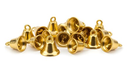 Golden Metal Bells Pile Shiny Festive Ornaments Isolated