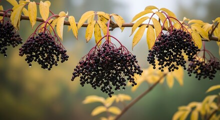 Black Berries Hanging with Yellow Leaves in Soft Natural Light