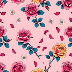 Rose Pattern: A repeating pattern of vivid pink roses and charming yellow roses adorned with fresh daisy flowers and scattered petals, offering a floral illustration that radiates beauty and nature.