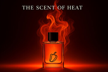 Spicy Perfume Bottle with Fiery Flames:  Sensual, Intense, Red Hot Fragrance Ad Concept.