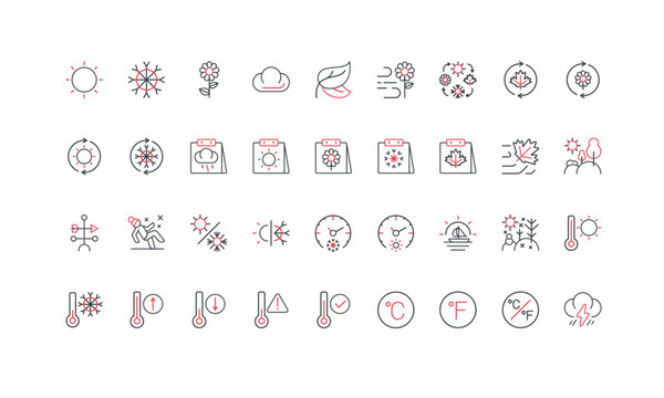 Four seasons, hot and cold weather of winter, summer and spring, autumn time line icon set. Decrease and increase temperature of air on thermometer thin black and red symbols vector illustration