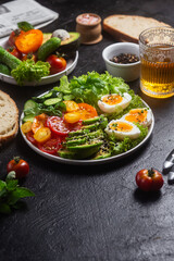 Healthy Salad Bowl with Avocado, Eggs, Tomatoes and Cucumbers,	