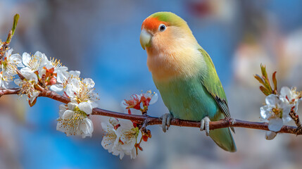 A vibrant peachfaced lovebird rests on a blooming branch against a soft blue background