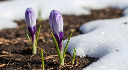 Blooming Violet Crocus Flowers Emerging From Earth and Melting Snow in Spring