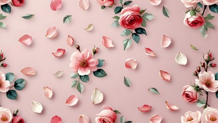 Floral Symphony: a vibrant and delicate arrangement of rose blooms and scattered petals in full view
