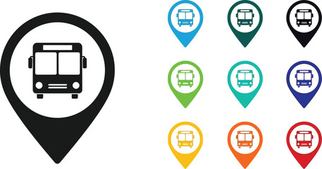 Vector art of a bus icon on a map pin indicates the location of public transport, aiding in navigation and route planning