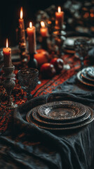 Antique dark plates and cutlery sit on a table surrounded by candles
