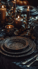 Antique dark plates and cutlery sit on a table surrounded by candles