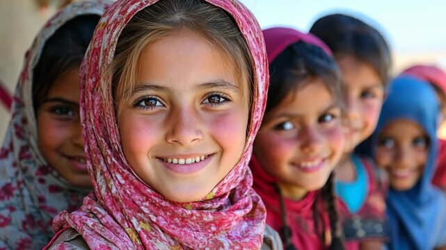 Beautiful Group of Young Afghan Girls Wearing Traditional Headscarves