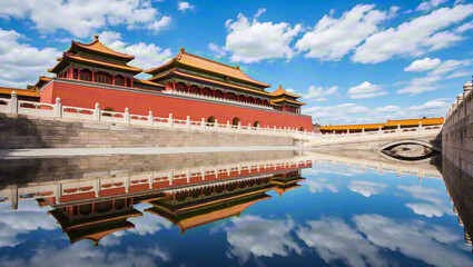 Obraz premium Ancient buildings of the Forbidden City Palace Museum in Beijing, China reflected in water