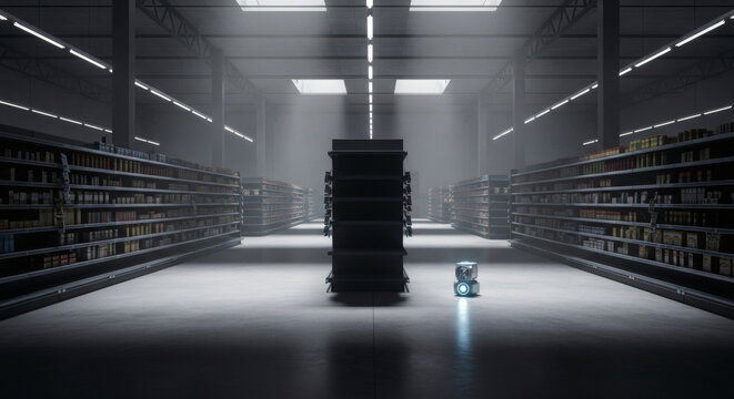 Automated Commerce Future A Solitary Robotic Unit Navigates a Vast, Digitized Warehouse Aisle, Illustrating Advanced Logistics, Supply Chain Innovation, and Efficiency in Modern Retail