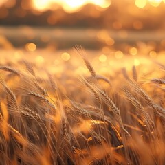Golden Wheat Field at Sunset: A sun-kissed wheat field, swaying gently in the warm breeze as the sun dips below the horizon, casting a golden glow over the landscape.