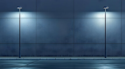 Empty city street at night, illuminated by streetlamps against a gray concrete wall