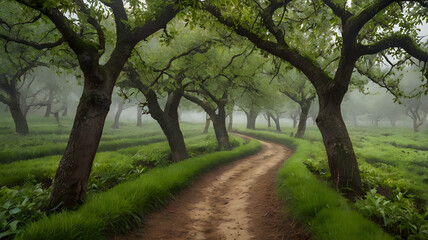 Obraz premium Misty Path Through Lush Green Orchard