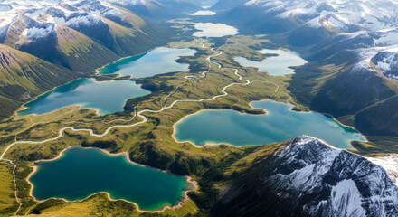 Aerial view of a mountain range with numerous interconnected lakes and winding roads.