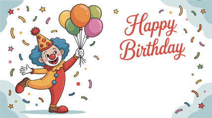 Cartoon Clown Holding Balloons with Happy Birthday Text and Confetti Background Illustration