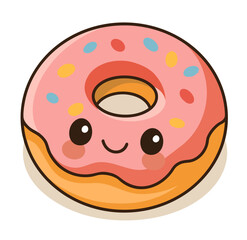 Adorable kawaii donut with pink frosting and colorful sprinkles. Cute smiling face. Perfect for kids' products, menus, and kawaii designs.