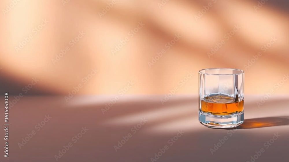 Poster glass of whiskey placed on a surface with soft shadows in a cozy setting
