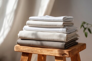 Folded clean bedsheets stacked on wooden stool in cozy morning light