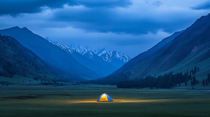 Vibrant tent nestled in a picturesque valley surrounded by rolling hills and majestic mountains