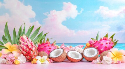 A tropical mix of pink pitaya and open coconut shells on soft pink base with a vibrant sky-blue backdrop