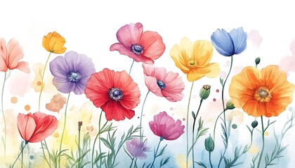 
Multicolored watercolor gradient rainbow flowers on a white background peonies poppies summer painting. Watercolor rainbow color painting background.

